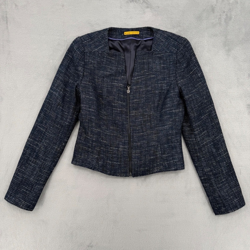 Alice + Olivia Tweed Jacket Womens Small 6 Navy Metallic Zip Front Blazer Preppy
